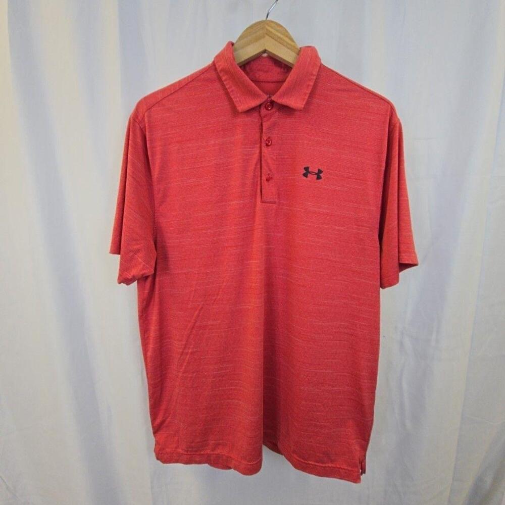 Under Armour Polo Shirt Mens Large Red Stripe HeatGear Golf Short Sleeve